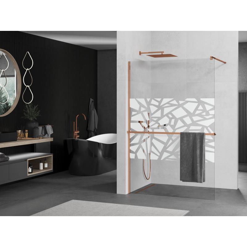 Mexen Kioto+ Walk-in zuhanyfal polccal 100 x 200 cm, fehér mintás, rózsaarany - 800-100-121-60-85
