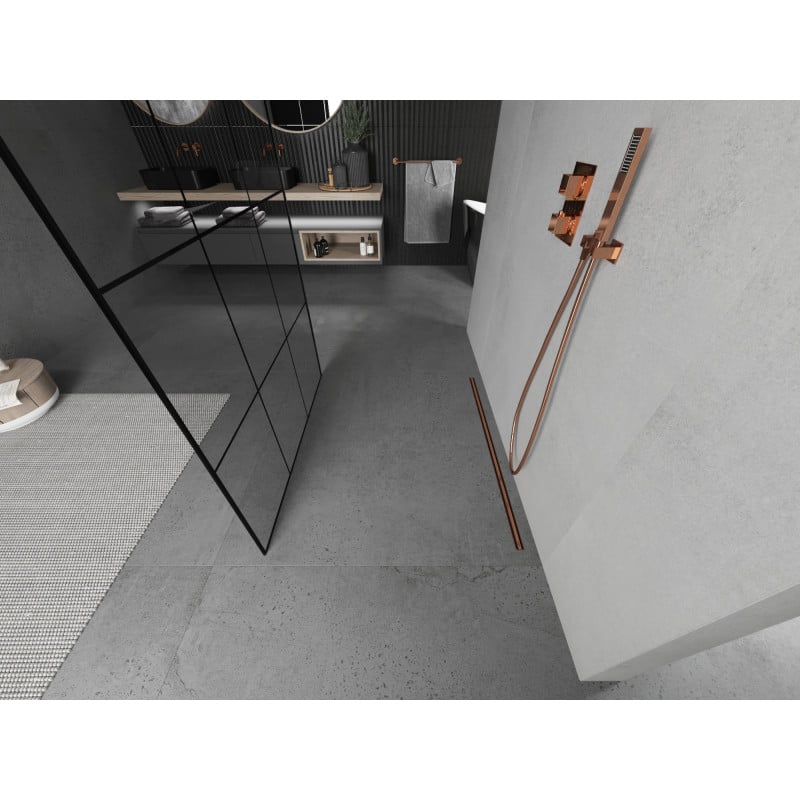 Mexen Kioto perete de duș independent 100 x 200 cm, grilaj negru 8 mm, aur roz - 800-100-002-60-77