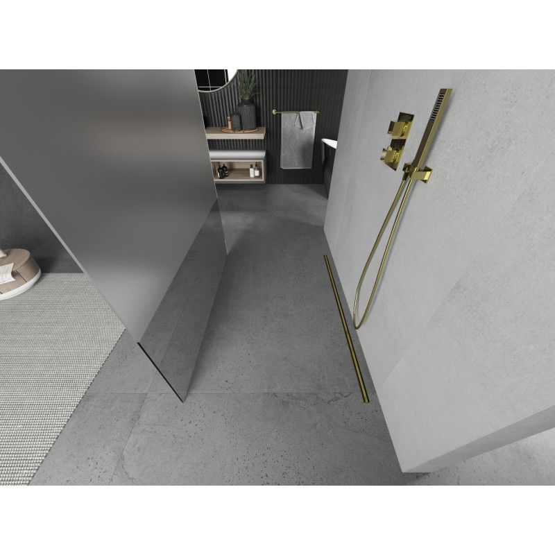 Mexen Kioto szabadon álló zuhanyfal 140 x 200 cm, áttetsző/fagyott 8 mm, arany - 800-140-002-50-35