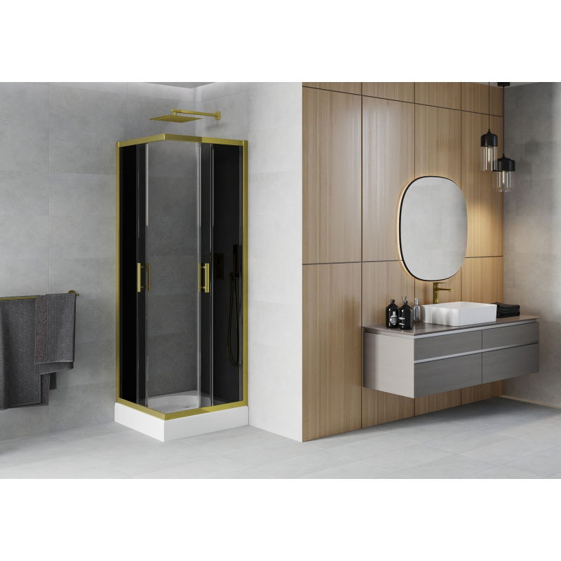 Mexen Rio cabină de duș pătrată 70 x 70 cm, grafit, auriu + cadă de duș Rio, alb - 860-070-070-50-40-4510