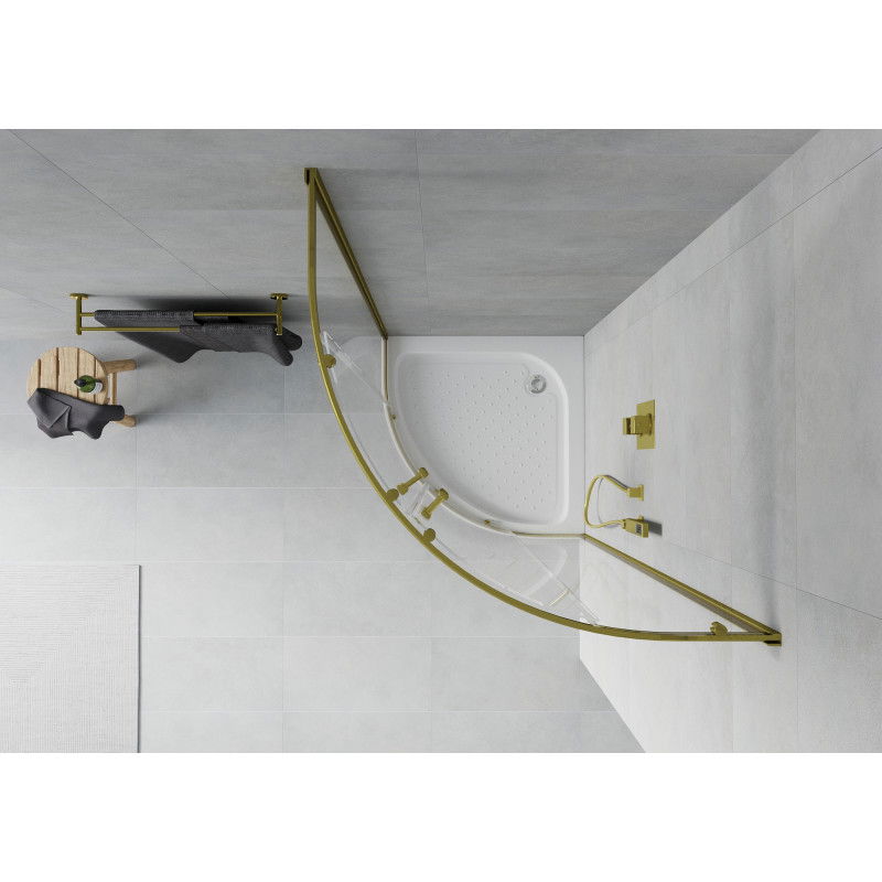 Mexen Rio félköríves zuhanykabin 90 x 90 cm, átlátszó, arany + Rio zuhanytálca, fehér - 863-090-090-50-00-4710