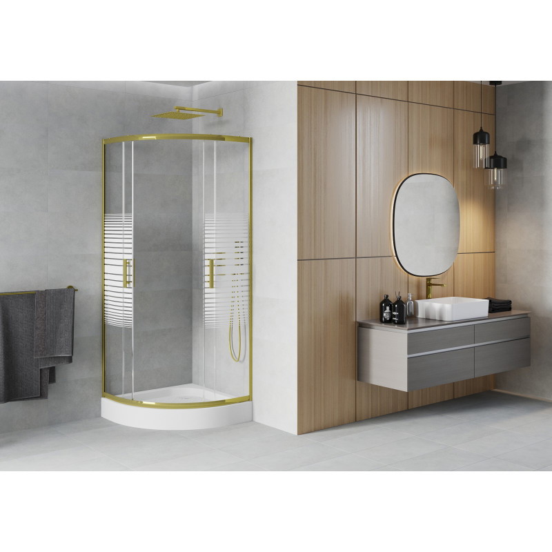 Mexen Rio cabină de duș semirotundă 70 x 70 cm, dungi albe, auriu + cadă de duș, alb - 863-070-070-50-20-4710