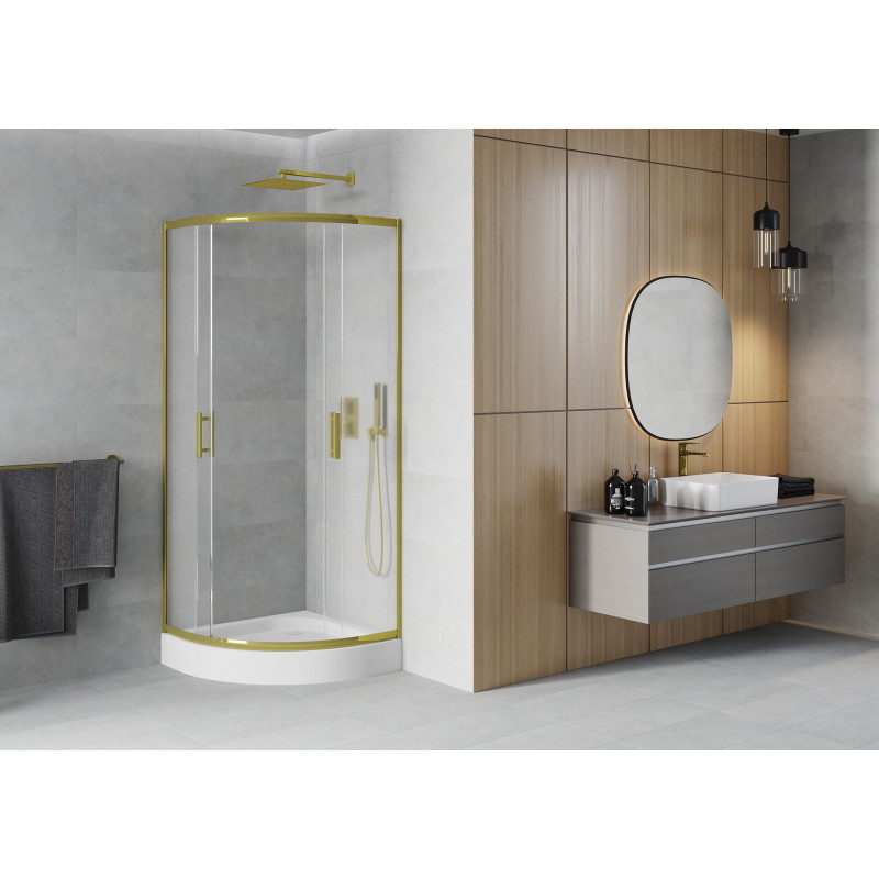 Mexen Rio cabina de duș semicirculară 80 x 80 cm, înghețat, aurie + cadă de duș , albă - 863-080-080-50-30-4710