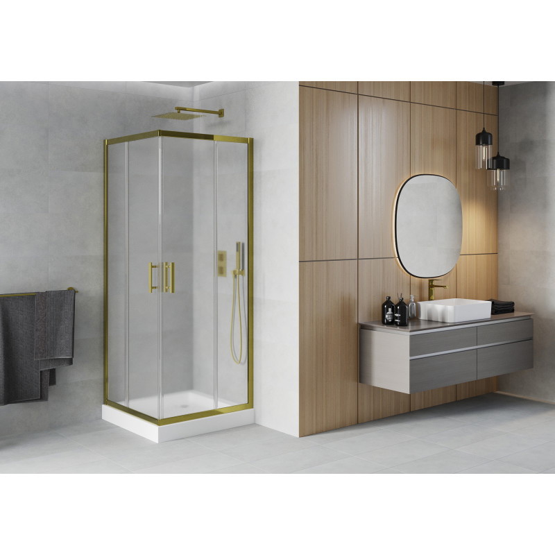 Mexen Rio cabina de duș pătrată 80 x 80 cm, mat, auriu + cadă de duș, alb - 860-080-080-50-30-4510