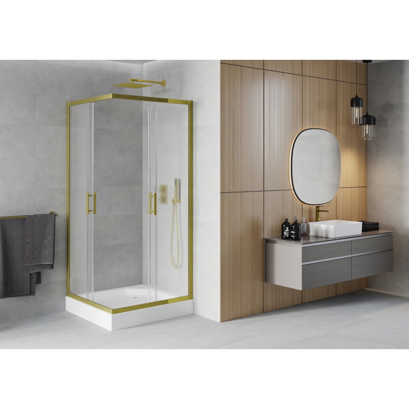Mexen Rio cabina de duș pătrată 90 x 90 cm, șlefuire, auriu + cadă de duș, alb - 860-090-090-50-30-4510