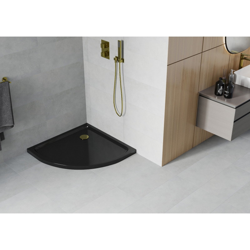 Mexen Flat slim félköríves zuhanytálca, 100 x 100 cm, fekete, arany szifon - 41701010G