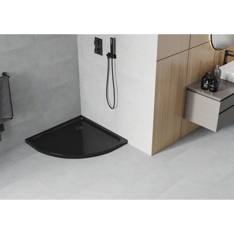 Mexen Flat slim félköríves zuhanytálca 100 x 100 cm, fekete, fekete szifon - 41701010B