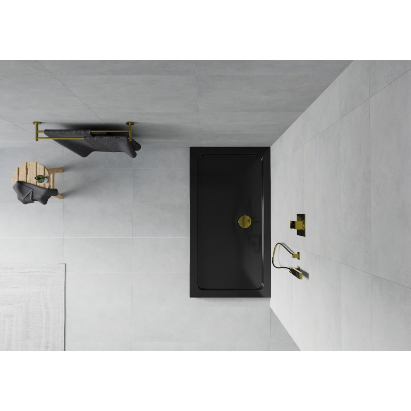 Mexen Flat tăviță de duș dreptunghiulară slim 140 x 70 cm, negru, sifon auriu - 40707014G