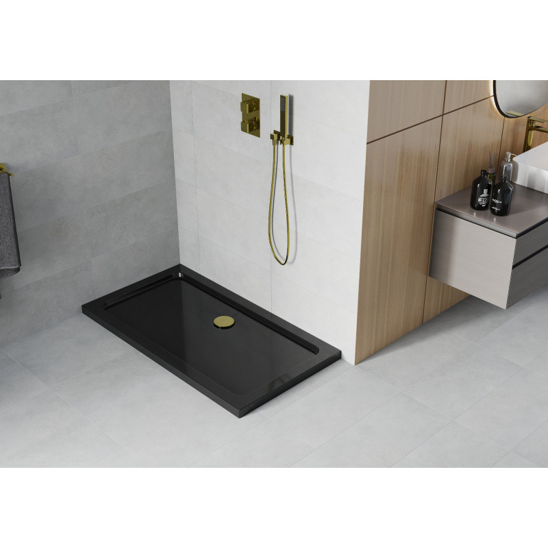 Mexen Flat brodă plat dreptunghiular slim 120 x 70 cm, negru, sifon auriu - 40707012G