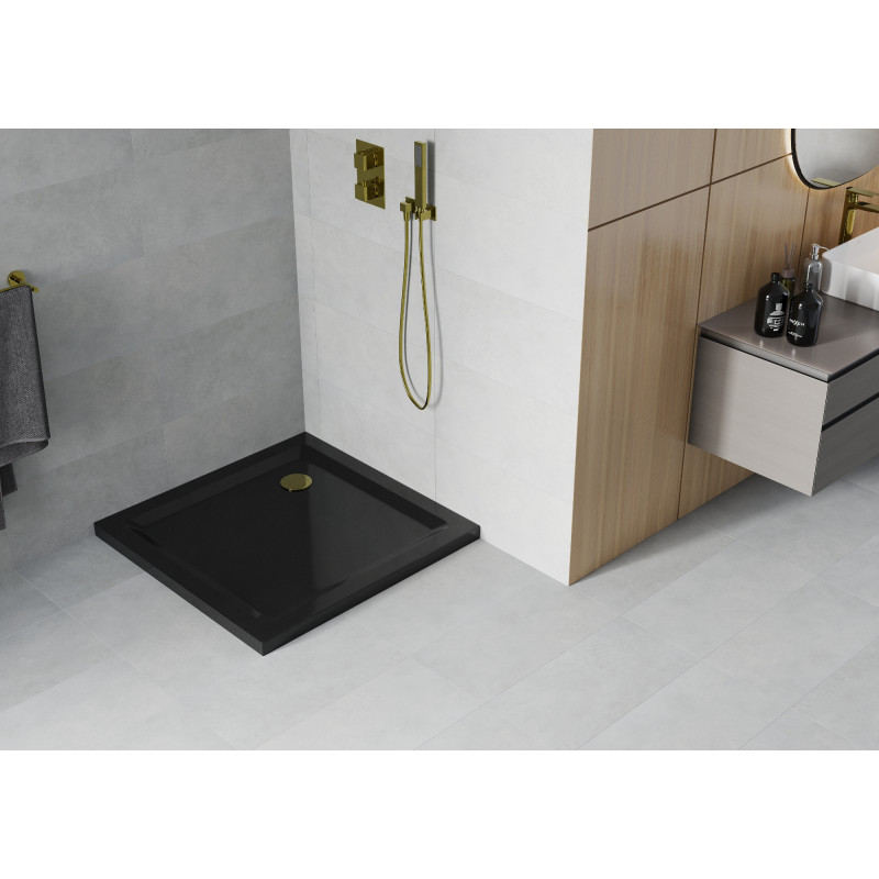 Mexen Flat 100 x 100 cm-es slim négyzet alakú zuhanytálca, fekete, arany szifonnal - 40701010G
