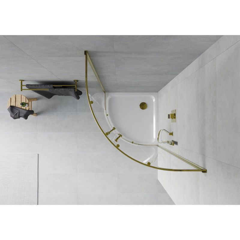 Mexen Rio cabină de duș semi-circulară 80 x 80 cm, transparentă, aurie + cadă Flat, alb - 863-080-080-50-00-4110G