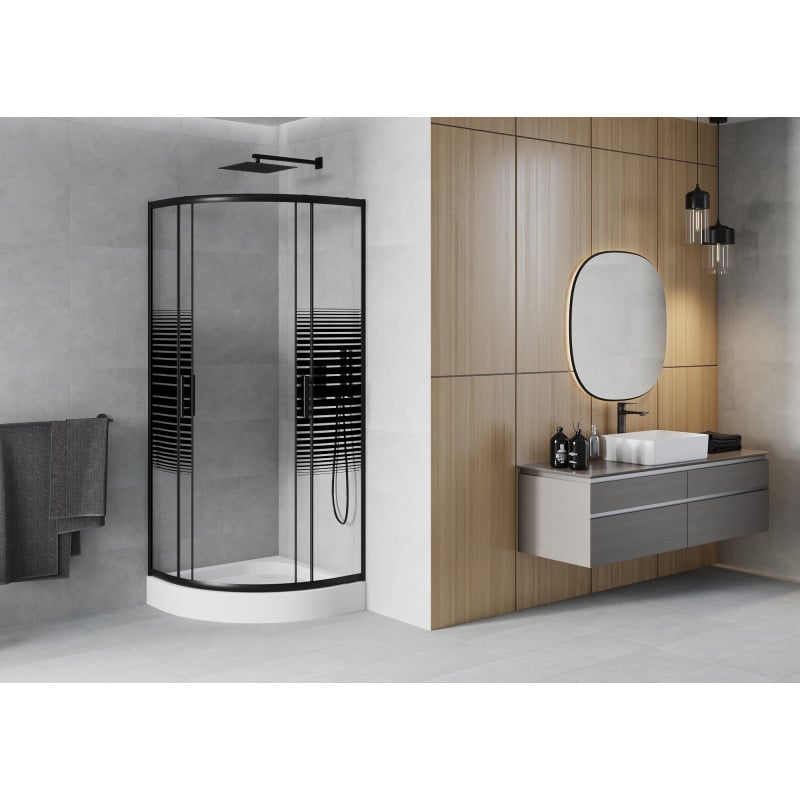 Mexen Rio cabina de duș semirotundă 90 x 90 cm, dungi negre, negru + cadă de duș, alb - 863-090-090-70-20-4710
