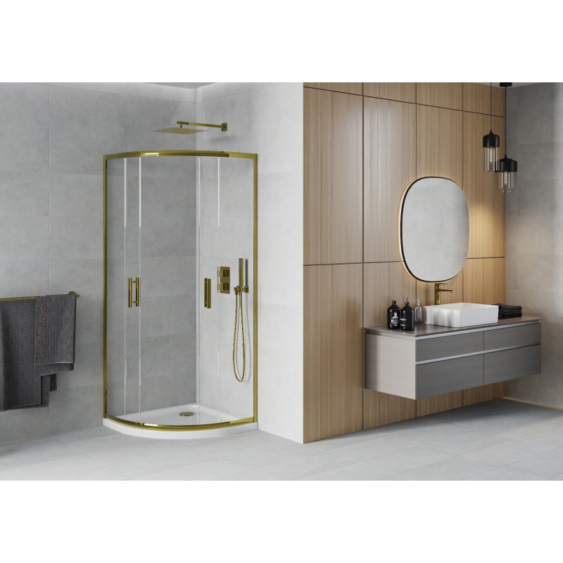 Mexen Rio cabina de duș semicirculară 80 x 80 cm, transparentă, aurie + cadă de duș Flat, albă - 863-080-080-50-00-4110G