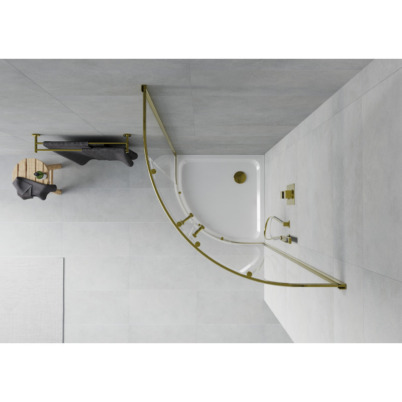 Mexen Rio 90 x 90 cm-es félköríves zuhanykabin, átlátszó, arany + Flat zuhanytálca, fehér - 863-090-090-50-00-4110G