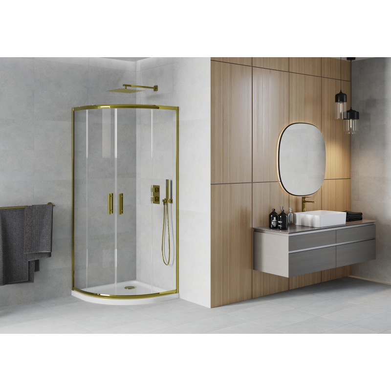Mexen Rio cabină de duș semicirculară 90 x 90 cm, transparentă, aurie + cădiță Flat, albă - 863-090-090-50-00-4110G
