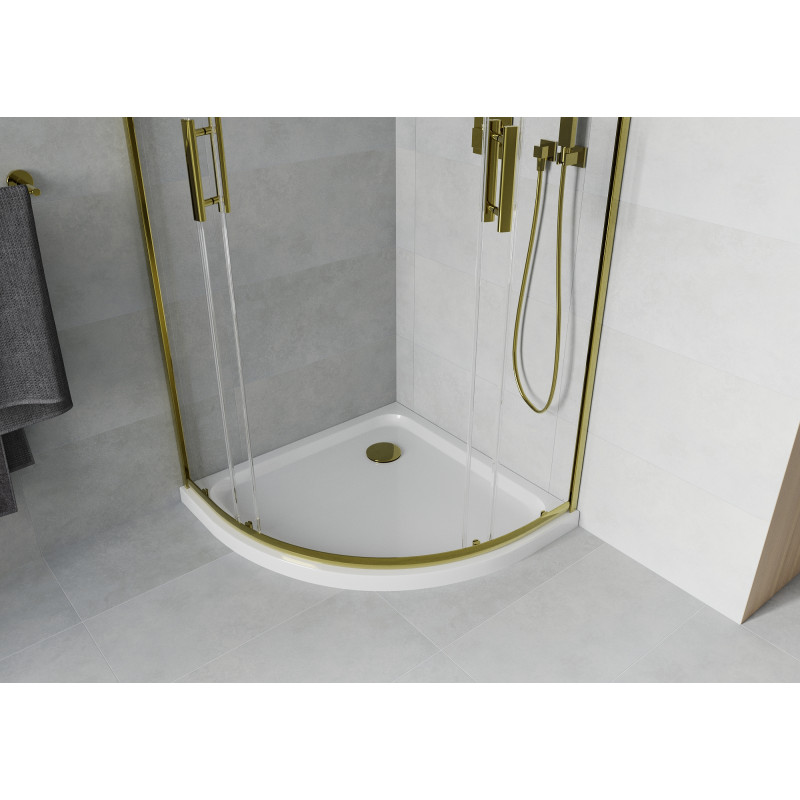 Mexen Rio 90 x 90 cm-es félköríves zuhanykabin, átlátszó, arany + Flat zuhanytálca, fehér - 863-090-090-50-00-4110G