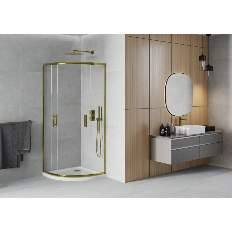 Mexen Rio 90 x 90 cm-es félköríves zuhanykabin, átlátszó, arany + Flat zuhanytálca, fehér - 863-090-090-50-00-4110G