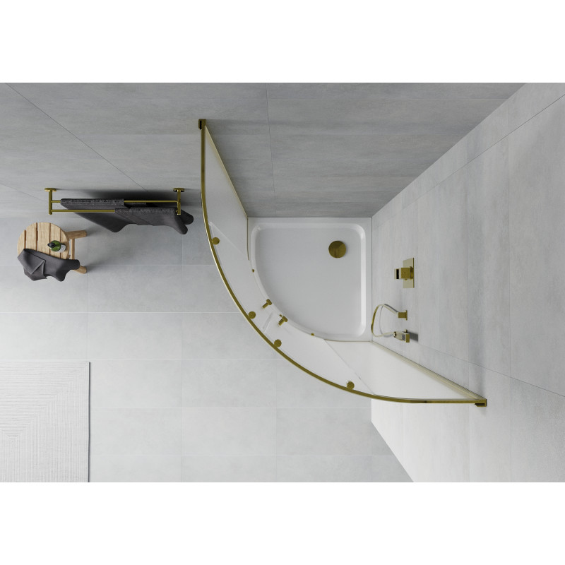 Mexen Rio cabină de duș semicirculară 80 x 80 cm, înghețat, aurie + cadă Flat, albă - 863-080-080-50-30-4110G