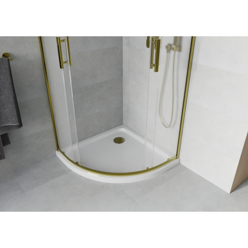 Mexen Rio cabină de duș semicirculară 80 x 80 cm, înghețat, aurie + cadă Flat, albă - 863-080-080-50-30-4110G