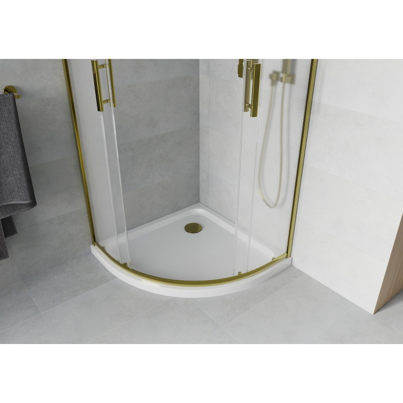 Mexen Rio félköríves zuhanykabin 90 x 90 cm, fagyott, arany + Flat zuhanytálca, fehér - 863-090-090-50-30-4110G
