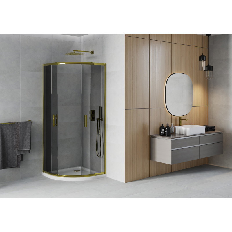 Mexen Rio cabină de duș semicirculară 80 x 80 cm, grafit, auriu + cadă de duș Flat, alb - 863-080-080-50-40-4110G