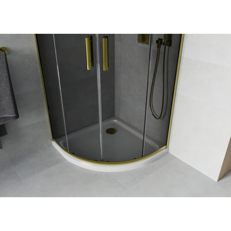 Mexen Rio cabină de duș semicirculară 90 x 90 cm, grafit, aurie + cadă Flat, albă - 863-090-090-50-40-4110G