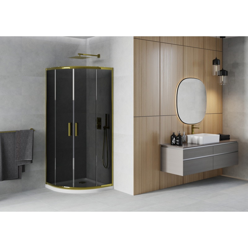 Mexen Rio cabină de duș semirotundă 90 x 90 cm, grafit, auriu + cadă de duș Flat, alb - 863-090-090-50-40-4110G