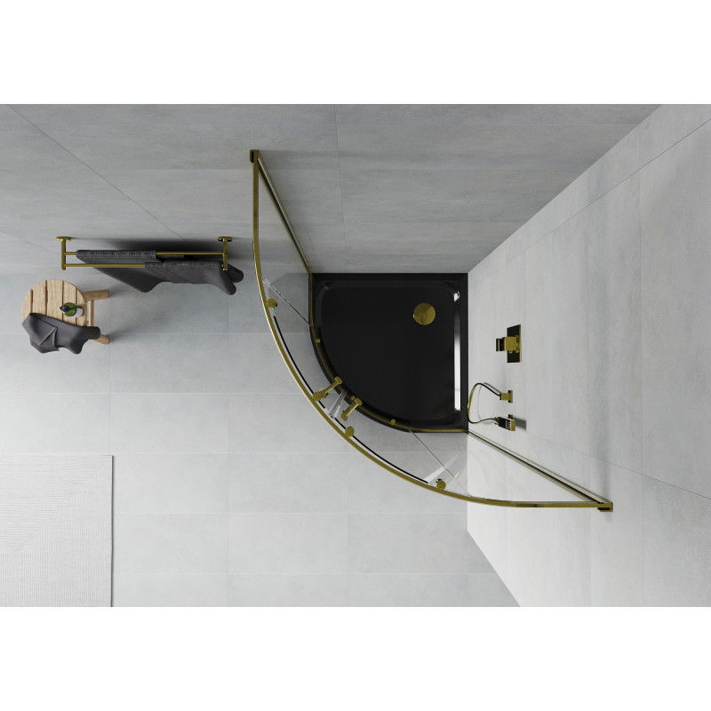 Mexen Rio cabina de duș semirotundă 90 x 90 cm, transparentă, aurie + cadă de duș Flat, neagră - 863-090-090-50-00-4170G