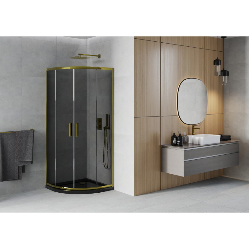 Mexen Rio cabină de duș semicirculară 80 x 80 cm, grafit, auriu + cădiță Flat, negru - 863-080-080-50-40-4170G
