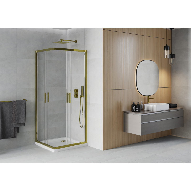 Mexen Rio cabina de duș pătrată 70 x 70 cm, transparentă, aurie + cădiță Flat, albă - 860-070-070-50-00-4010G