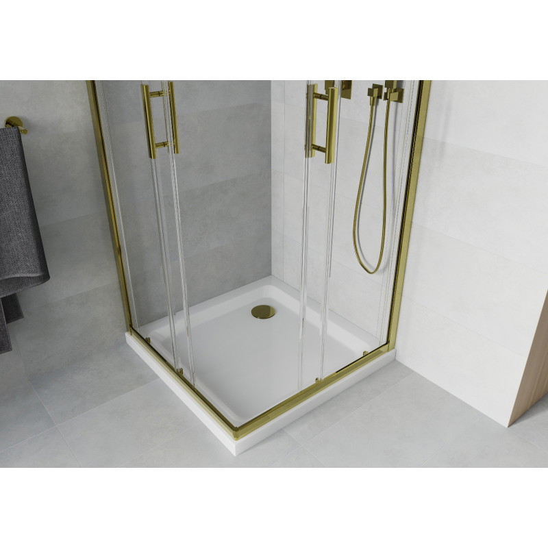 Mexen Rio cabina de duș pătrată 80 x 80 cm, transparentă, aurie + cadă Flat, albă - 860-080-080-50-00-4010G