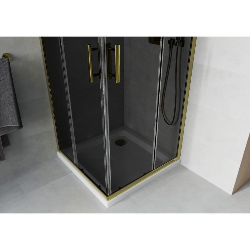 Mexen Rio cabina de duș pătrată 80 x 80 cm, grafit, auriu + cadă de duș Flat, alb - 860-080-080-50-40-4010G