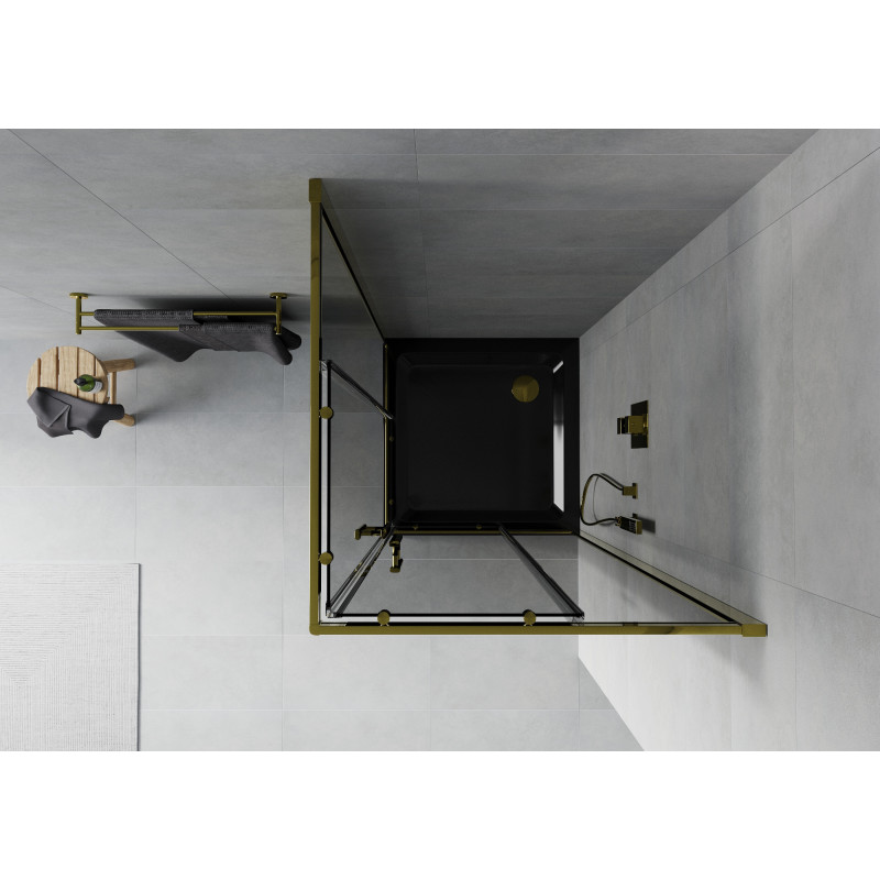 Mexen Rio cabina de duș pătrată 90 x 90 cm, grafit, aurie + cadă de duș Flat, negru - 860-090-090-50-40-4070G