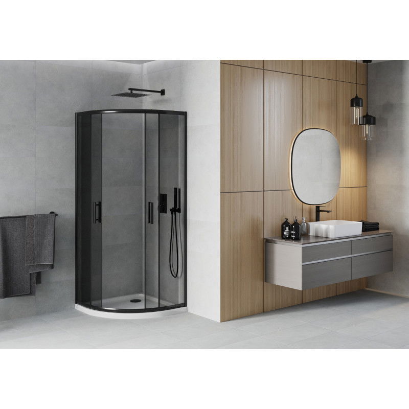 Mexen Rio cabina de duș semirotundă 90 x 90 cm, grafit, neagră + cadă Flat, albă - 863-090-090-70-40-4110B