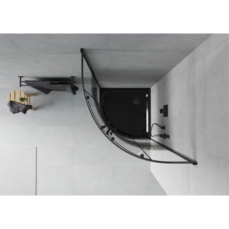 Mexen Rio cabina de duș semirotundă 90 x 90 cm, dungi negre, neagră + cadă Flat, neagră - 863-090-090-70-20-4170B