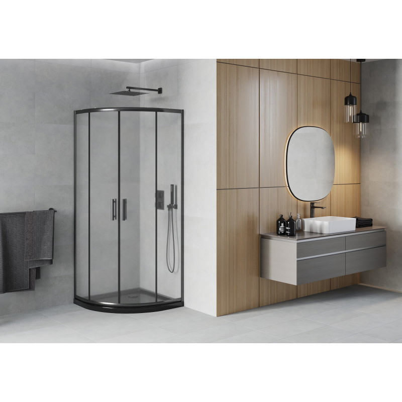 Mexen Rio cabina de duș semirotundă 90 x 90 cm, mat, neagră + cadă de duș Flat, neagră - 863-090-090-70-30-4170B