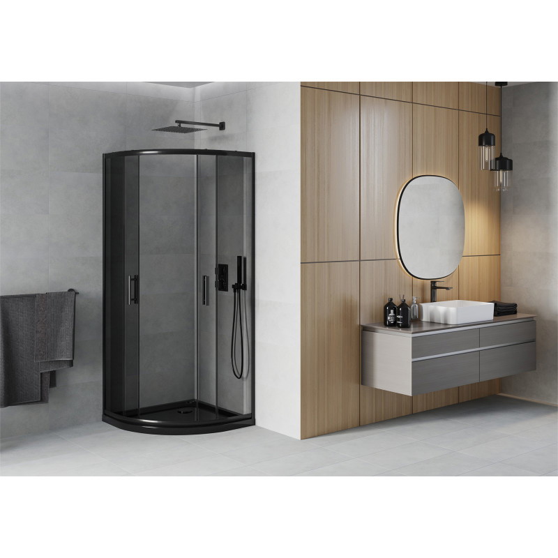 Mexen Rio cabina de duș semirotundă 90 x 90 cm, grafit, neagră + cadă Flat, neagră - 863-090-090-70-40-4170B