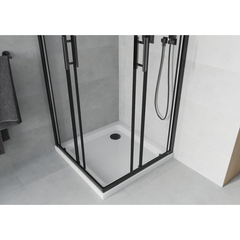 Mexen Rio 90 x 90 cm-es, átlátszó, fekete négyzet alakú zuhanykabin + Flat fehér zuhanytálca - 860-090-090-70-00-4010B