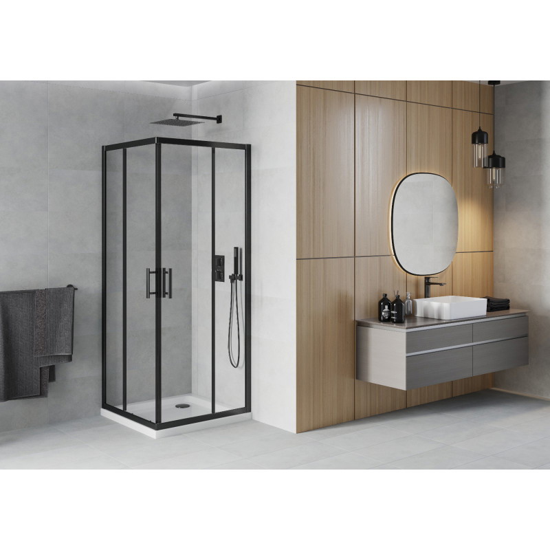 Mexen Rio cabina de duș pătrată 90 x 90 cm, transparentă, neagră + cadă de duș Flat, albă - 860-090-090-70-00-4010B