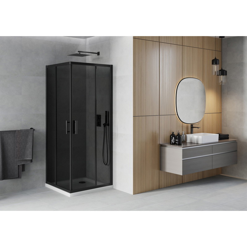 Mexen Rio cabina de duș pătrată 80 x 80 cm, grafit, neagră + cadă dus Flat, albă - 860-080-080-70-40-4010B