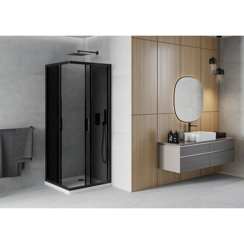 Mexen Rio cabina de duș pătrată 80 x 80 cm, grafit, neagră + cadă dus Flat, albă - 860-080-080-70-40-4010B