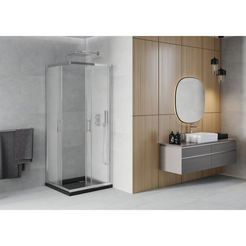 Mexen Rio 70 x 70 cm-es négyzet alakú zuhanykabin, szatén, króm + Flat zuhanytálca, fekete - 860-070-070-01-30-4070