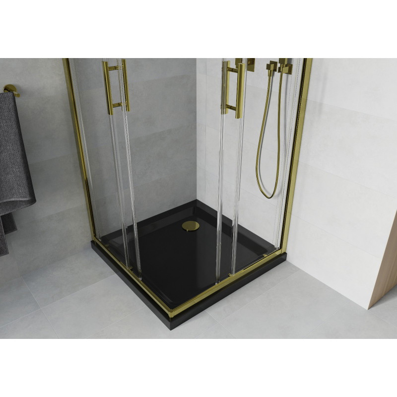 Mexen Rio négyszögletes zuhanykabin 70 x 70 cm, átlátszó, arany + Flat zuhanytálca, fekete - 860-070-070-50-00-4070G