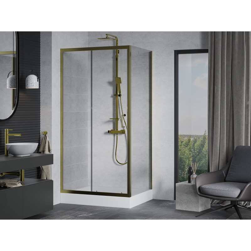 Mexen Apia cabina de duș glisantă 100 x 80 cm, transparentă, auriu + cadă de duș Rio - 840-100-080-50-00-4510