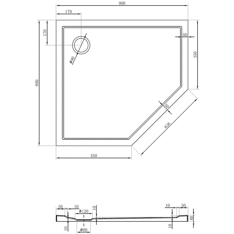 Mexen Flow cadă de duş pentagonală slim stânga 90 x 80 cm, alb lucios - 46P108090L