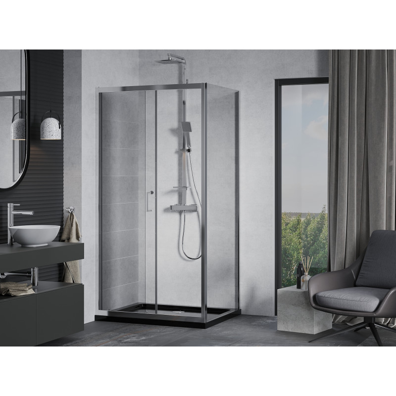 Mexen Apia 120 x 80 cm-es, átlátszó, króm tolóajtós zuhanykabin + Flat zuhanytálca, fekete - 840-120-080-01-00-4070