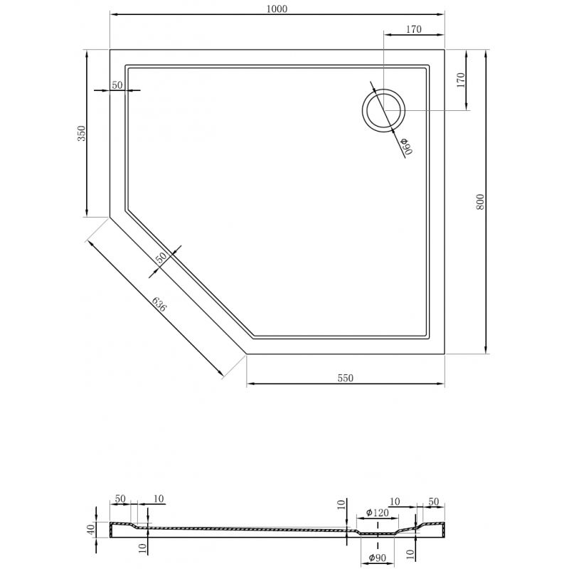 Mexen Flow ötszögletű slim jobb oldali zuhanytálca 100 x 80 cm, fehér fényes - 46P108010R