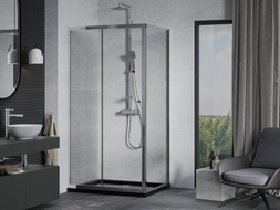 Mexen Apia 120 x 80 cm-es, átlátszó, króm tolóajtós zuhanykabin + Flat zuhanytálca, fekete - 840-120-080-01-00-4070