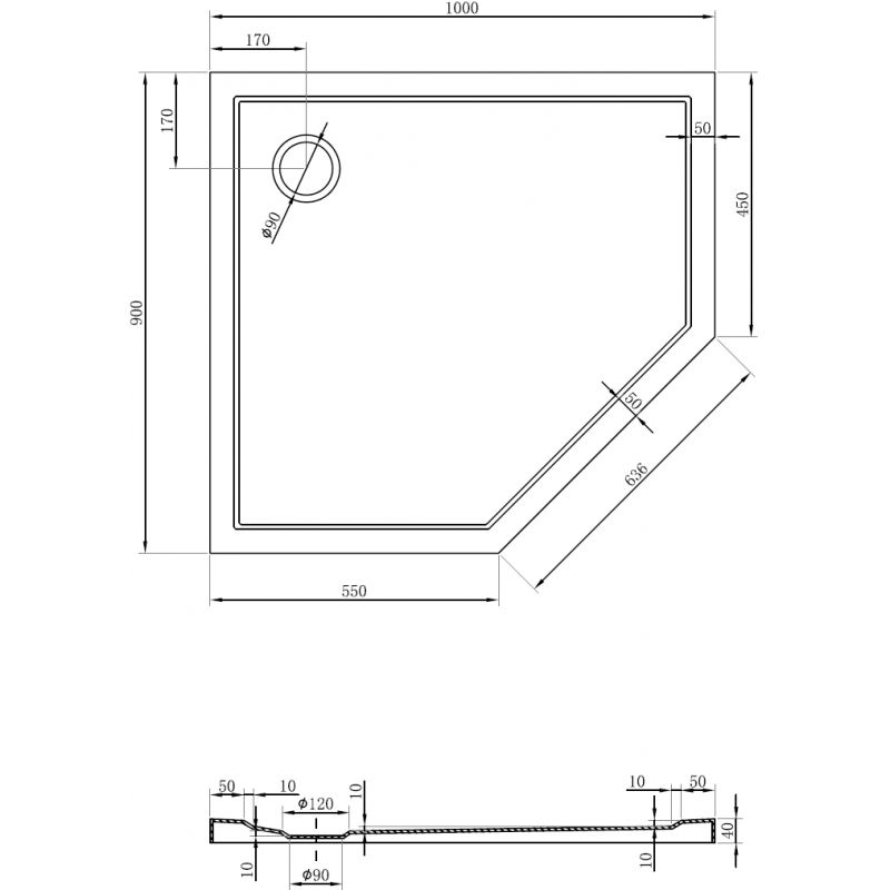 Mexen Flow brodzik pentagonal slim stânga 100 x 90 cm, alb lucios - 46P109010L