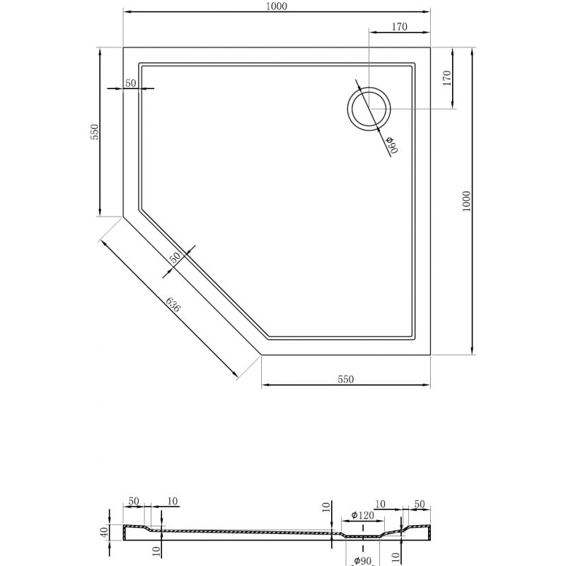 Mexen Flow brodzik pentagonal slim 100 x 100 cm, alb lucios - 46P101010